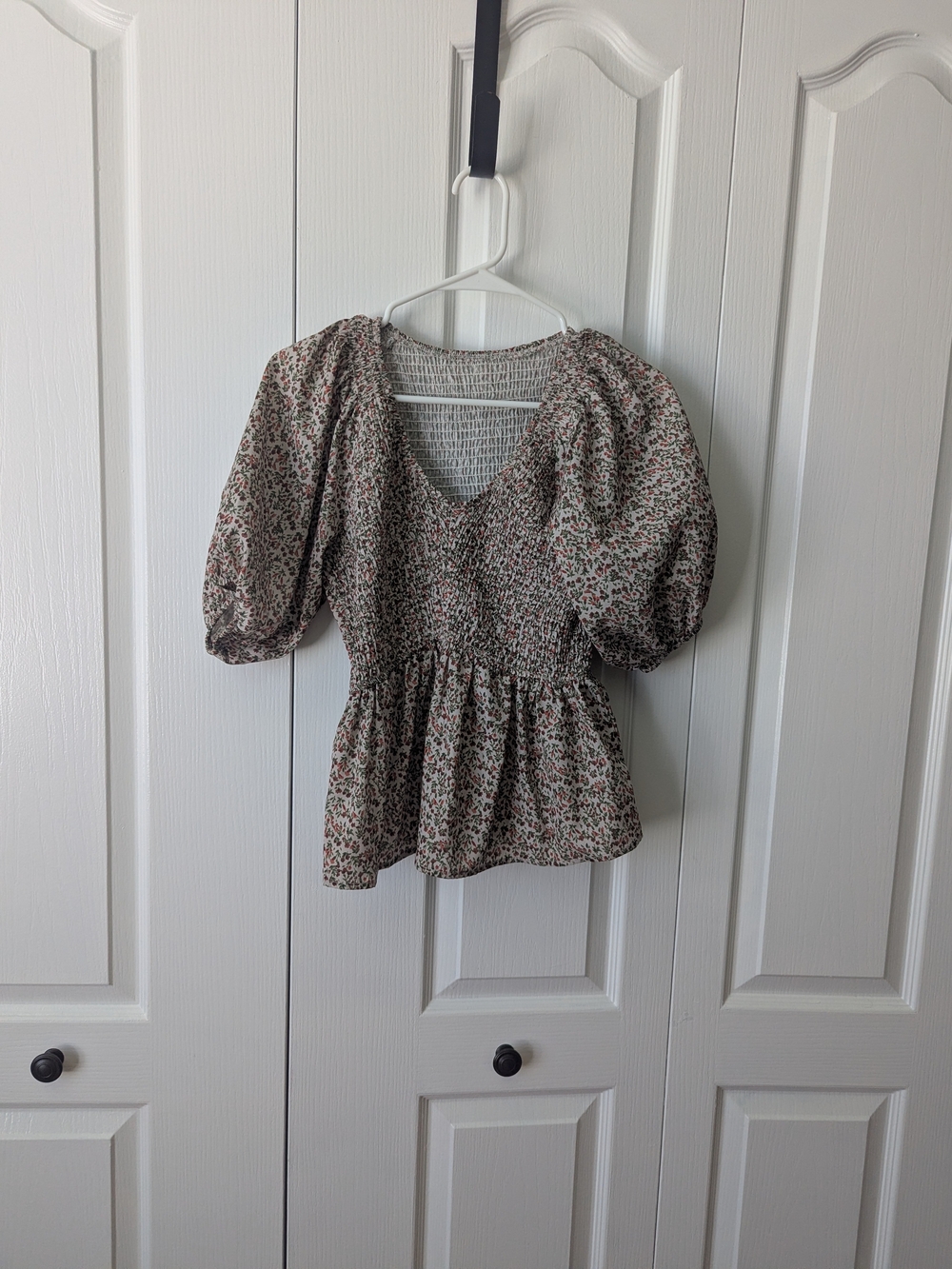 Amazon Floral Smocked Peplum Blouse - Cream with Pink & Green Accents